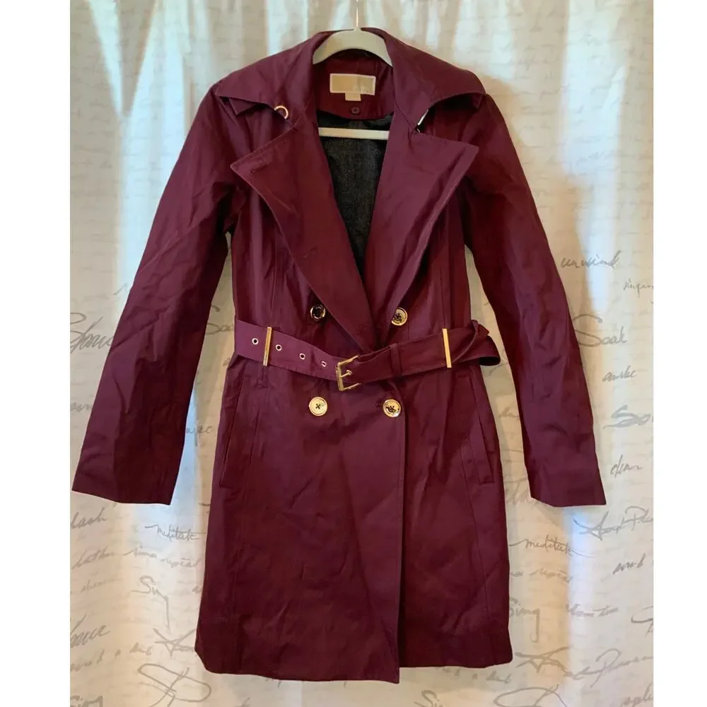 Michael Kors Womens Trench Coat Small Burgundy Belted Jacket Gold Hardware